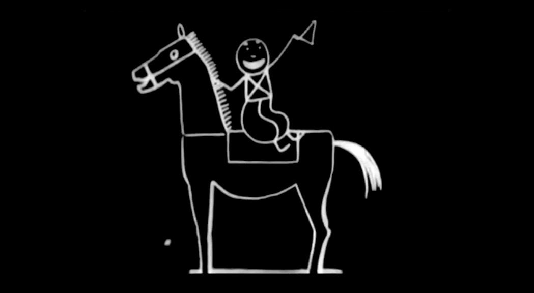 White line drawing of a stick figure riding a horse on a black background, from Fantasmagorie