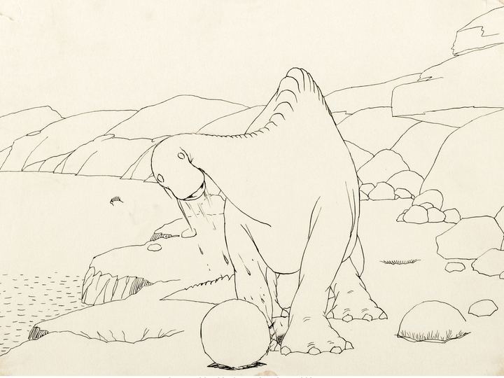 Original 1914 ink drawing of Gertie the Dinosaur next to a round boulder