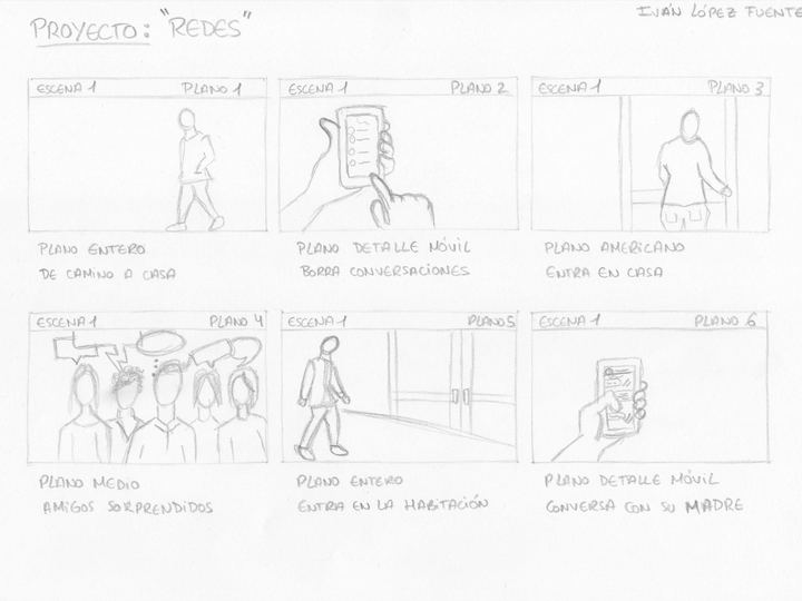 A hand-drawn storyboard page with six numbered panels and notes under each one